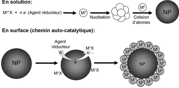 Figure 1.6 : Schématisation de la synthèse de nanoparticules par réduction chimique. 