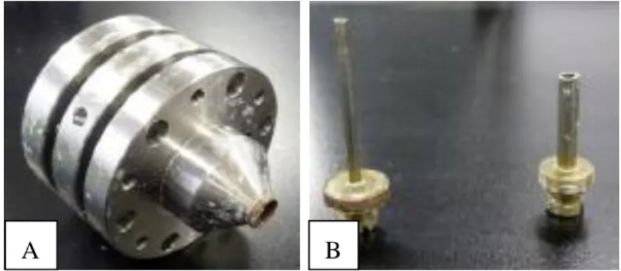 Fig 2. Co-electrospinning needles: device allowing electrospinning of 3 different solutions with 