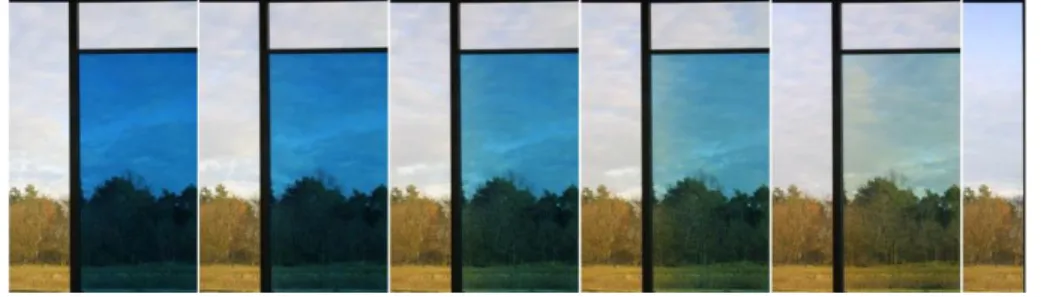 Figure 1.3: Coloration sequence of an electrochromic window [57].