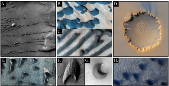 Fig. 1.14: Dunes ` a la surface de Mars. Images NASA. (A.) Interaction avec le relief
