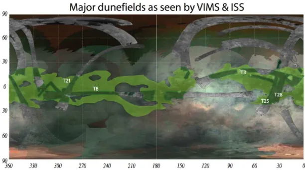 Fig. 1.15: R´ epartition des champs de dunes ` a la surface de Titan. Sur cette