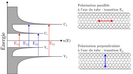 Figure 1.11 – Toutes les transitions possibles pour un nanotube semi-conducteur. Les transitions interbandes de mêmes indices sont notées E ii , tandis que les transitions