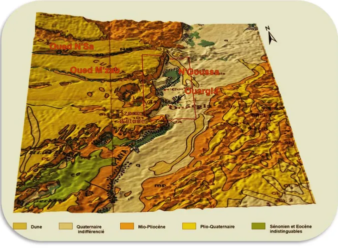 Figure 10 : Spécificités géologique et topographique de la cuvette de Ouargla [209]. 