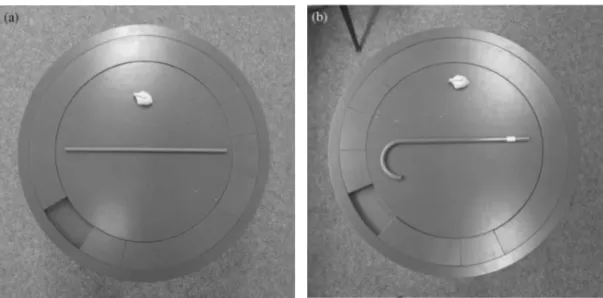 Figure 8. Configurations of the two experiments of Cox &amp; Smitsman, 2006a. In both tasks (a  and b), the toys were placed in a central position behind the tool
