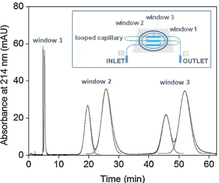 Fig. 1. 21. Online CE-TDA for the separation and the determination of the size of two nanolatexes (1.0 g/L  and2.5 g/L respectively)