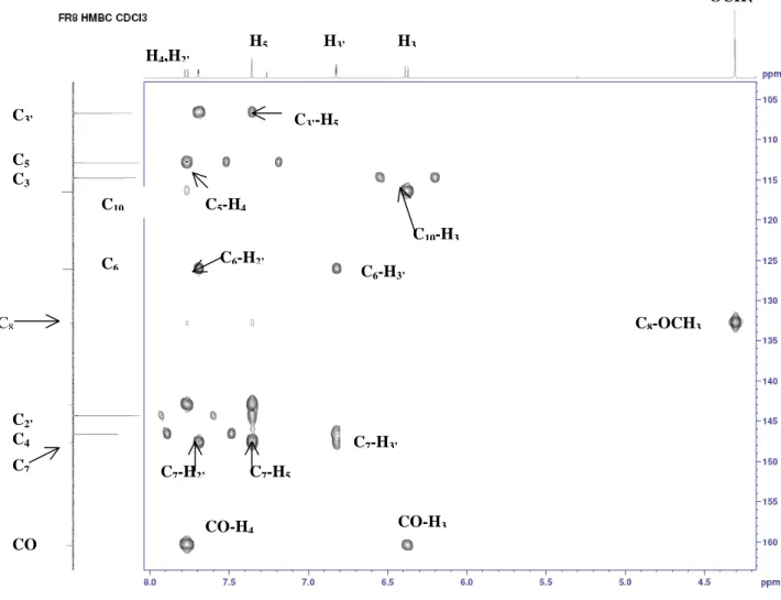 Figure I-12 : Spectre HMBC du composé II  OCH3H3H3’H5 H4,H2’ C5 C3 C2’ C4 CO C3’ C10 C6 C8C8-OCH3 CO-H3CO-H4 C6-H3’C6-H2’ C10-H3C3’-H5C7 C7-H3’C5-H4 C7-H5 C7-H2’