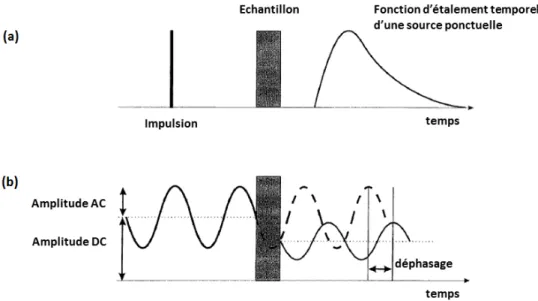 Figure 2.3 Les différentes modalités de la spectroscopie proche infrarouge. Les deux figures montrent l’évolution temporelle de lumière transmise à travers des tissus très diffusants dans le cas (a) d’une impulsion infiniment courte de lumière ou d’une émi