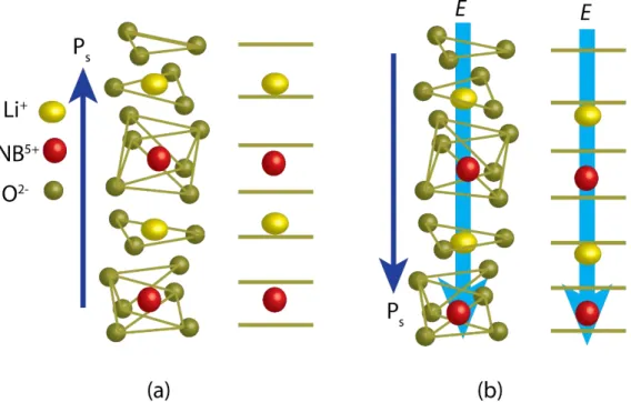 Figure 3.1.LiNbO 3  structure in (a) as-grown state and (b) domain inverted state, where P s  and E  represent the polarization and electric field direction respectively [74]