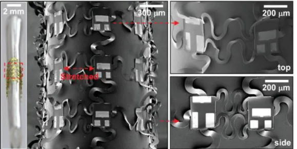 Figure 2.4: Optical image of a folded circuit (left) consisting of an array of CMOS inverters and  scanning electron microscopy image (center)