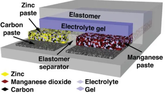 Figure 2.5: Scheme of a compliant zinc carbon dry gel cell. The cell is based on pastes as electrodes,  chemically active cells, and an electrolyte gel to close the circuit