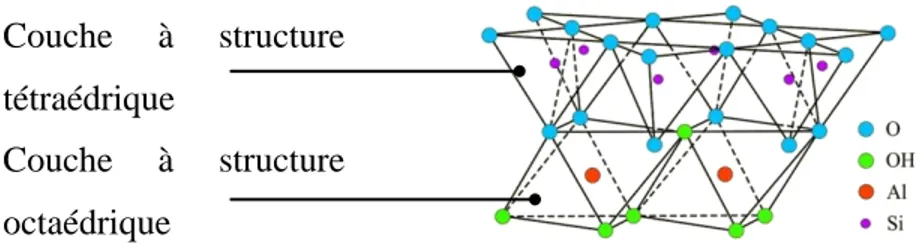 Figure 1.1 Structure cristallographique des Kaolinites. On voit les deux couches tétraédriques et  octaédriques dont se compose cette famille d’argiles [14]