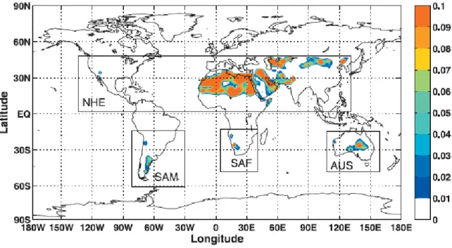 Figure 4 : Modeled average global distribution of annual dust emission (unit: kg.m -2 .a -1 ) over 