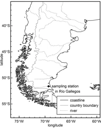 Figure 8 : Aerosols sampling location (69.32°W, 51.60°S), Río Gallegos, Patagonia.  An aerosol sampling station (69.32°W, 51.60°S) (Figure 8) was set up close to  the OAPA station