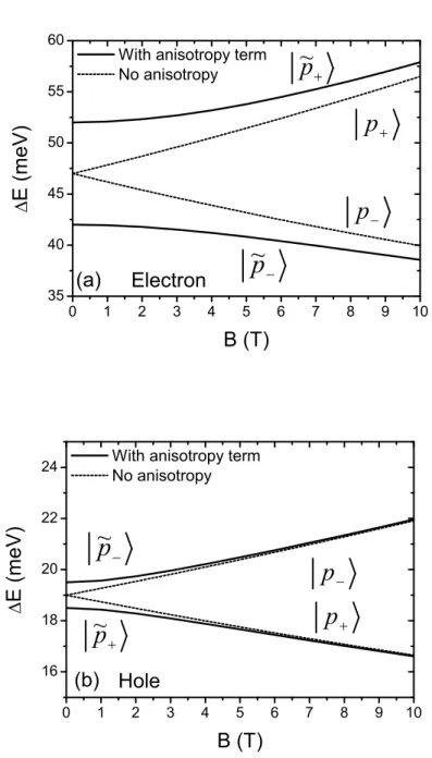 Figure 1.12: Energies of the p-states for an electron (a) and for a hole (b) as a function of magnetic field with anisotropy term included in the calculation (in solid lines) and without this term (dashed lines).The anisotropy term is 2δ e