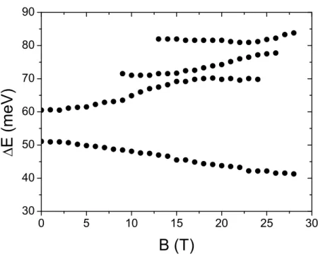 Figure 2.3: Magnetic field dispersion of the FIR resonances for sample N1.