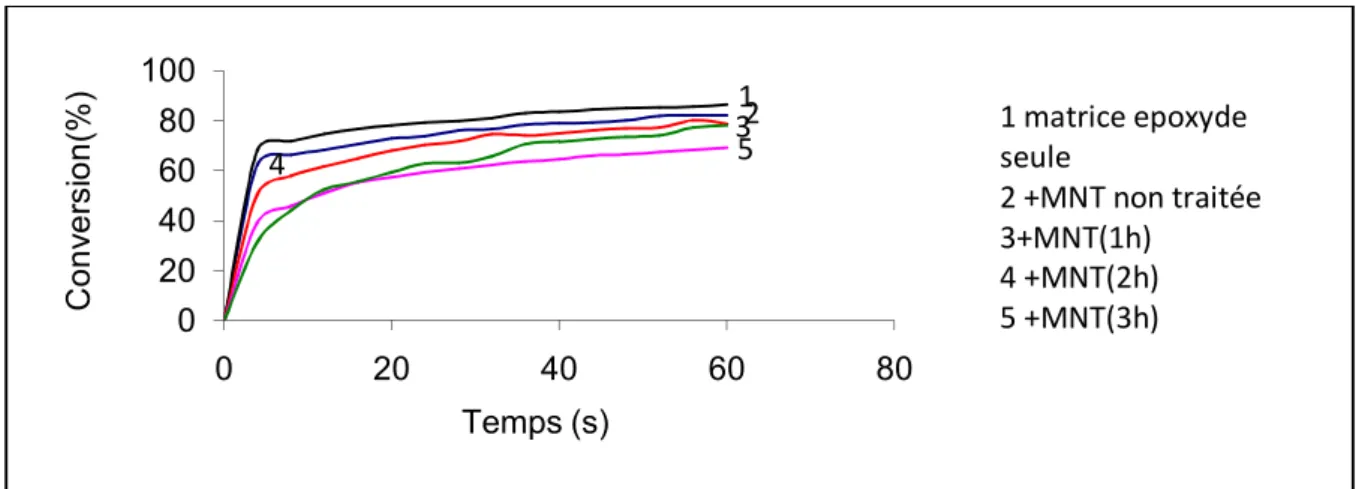 Figure IV.34: Cinétique de photopolymérisation d’un système époxyde/MNT à 3% en masse traité avec S1.