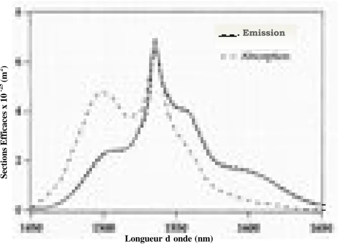 Figure 19 : Sections e ﬃcaces d’émission et d’absorption typiques de l’erbium dans le  verre d’après W.J