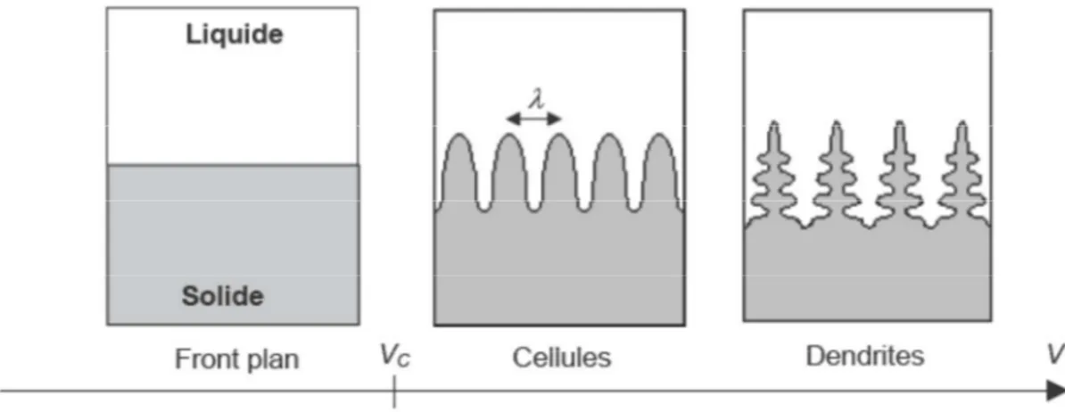 Figure II.2 : Représentation schématique des différentes morphologies de  l’interface : la forme de l’interface solide-liquide se change  en fonction de 