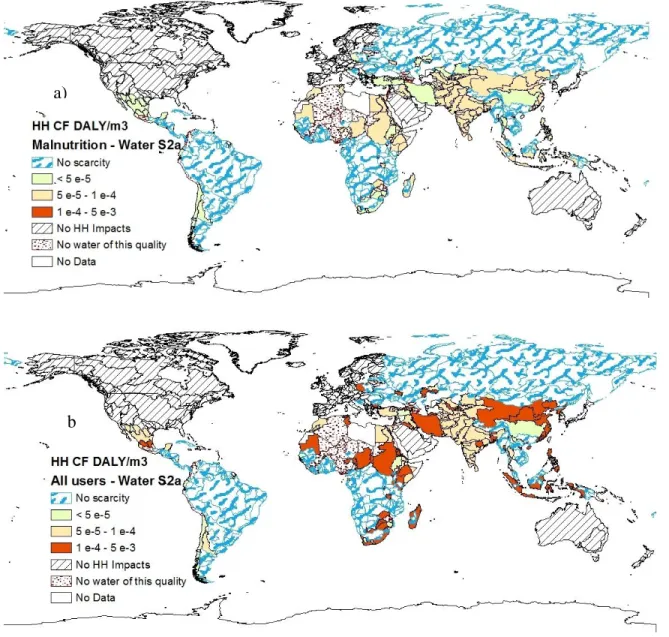 Figure 4-4 Human health characterization factors for good quality surface water (category S2a) in  DALY/m³ a) considering that agriculture is the only marginal user affected (along with fisheries),  leading therefore to malnutrition and b) considering all 
