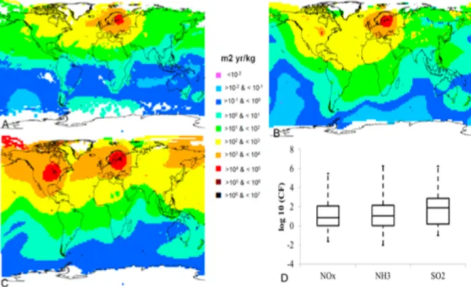 Figure 6 : FC spatialisés endpoint pour a) le NO x , b) le NH 3  et c) le SO 2  pour l’impact  d’acidification aquatique (tiré de (Roy 2012)) 