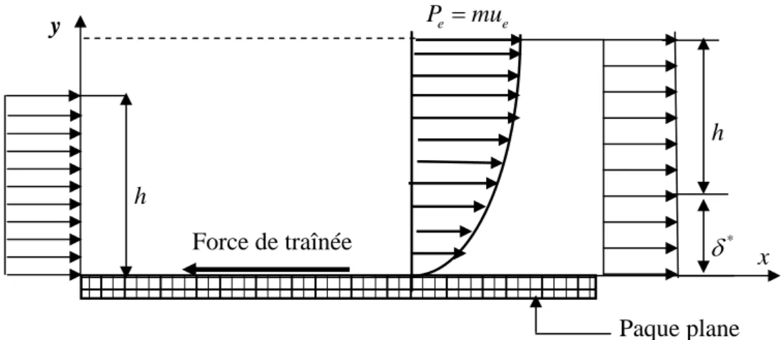 Figure 2.4 Epaisseur de quantité de mouvement   *δ h  h y  x Force de traînée Paque plane eeP=mu 2.4.4 Facteur de forme H : 