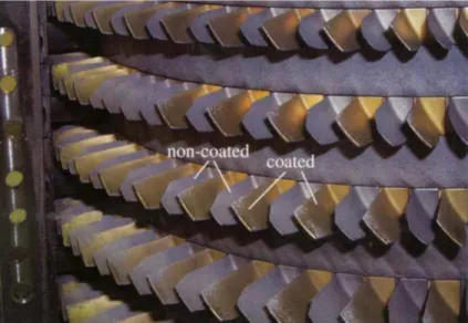 Figure 1.3:  GE T64 jet engine compressor with half the blades coated with a TiN-based  multilayer coating [7]