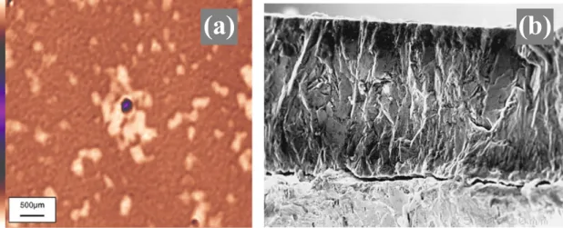 Figure 2.21:  Erosion of thick diamond films by large and high speed sand particles with  interfacial (a) debonding [118] and (b) cracking [119]