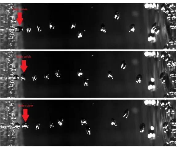 Figure 3.3 Visualisations du chapelet de bulles à différents temps d’acquisition τ. De haut en bas, τ = 10.6 ms, 25 ms et 31.7 ms