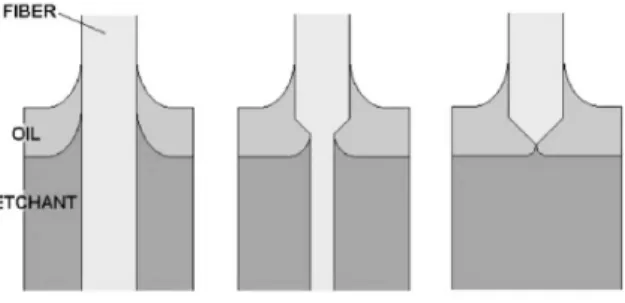 Figure 3.9 Étapes de l’attaque de la fibre optique par l’acide fluorhydrique HF