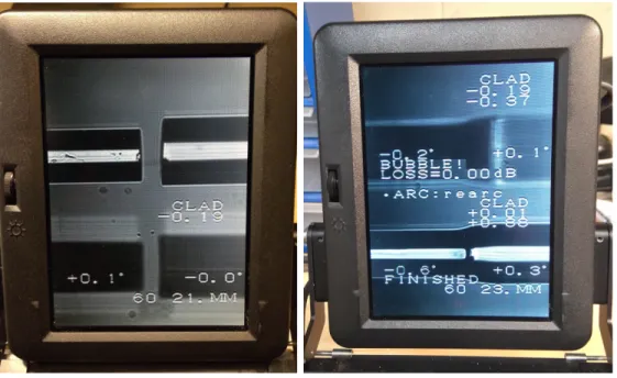 Figure 3.13 Fusion de la fibre optique à extrémité conique avec celle du patchcord, grâce à une soudeuse à fibre optique Fujikura