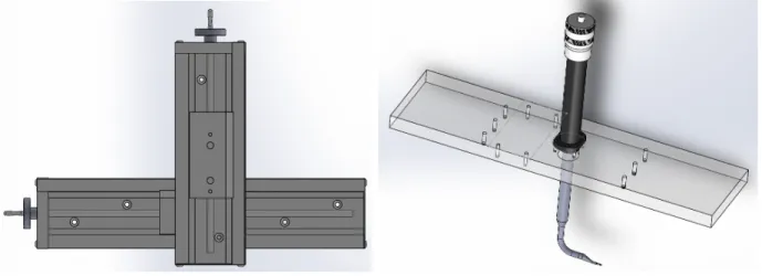 Figure 3.15 (À gauche) Système de déplacement bidirectionnel Velmex. (À droite) Plaque mobile dirigée par le système de déplacement dans laquelle la sonde est fixée