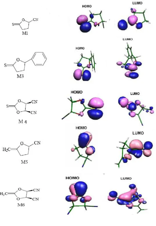 Figure 6 : représentation des orbitales moléculaires frontières pour les monomères optimisés
