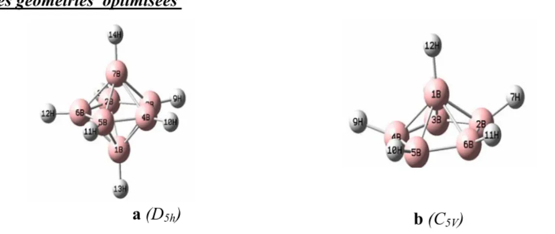 Tableau 7:  Distances interatomiques en Å des deux clusters  B7H7 -2  et B6H6 -4 Calculées en  méthode DFT/B3LYP aux niveaux 6-31G* et 6-311G.