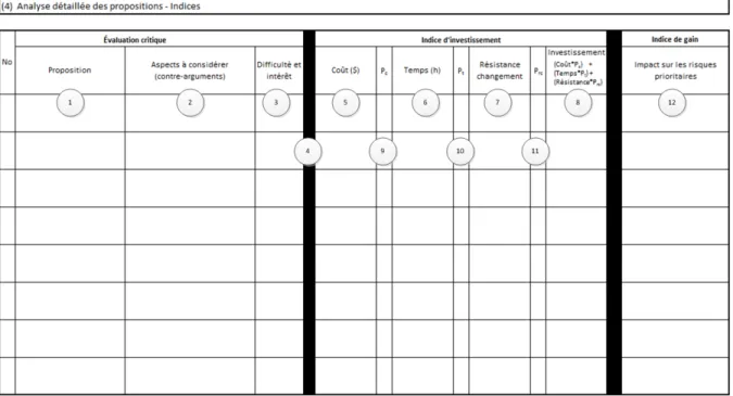 Figure 4-11 : Gabarit utilisé pour l’analyse détaillée des propositions lors du module 4    