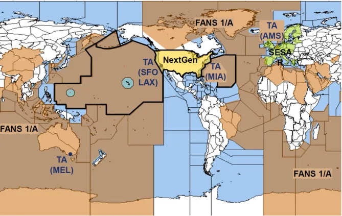 Figure 2.1 Zones d’utilisation des liaisons de données. Les zones Tailored Arrival - TA per- per-mettent aux appareils de recevoir leur plan de descente directement via liaison de donnée