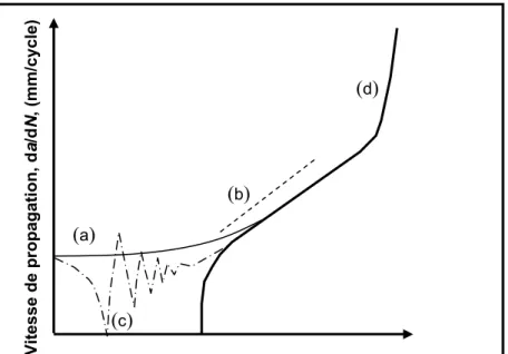 Figure 1.11 Schématisation du comportement particulier des fissures courtes : (a) propagation  sous le seuil, (b) propagation rapide, (c) propagation irrégulière