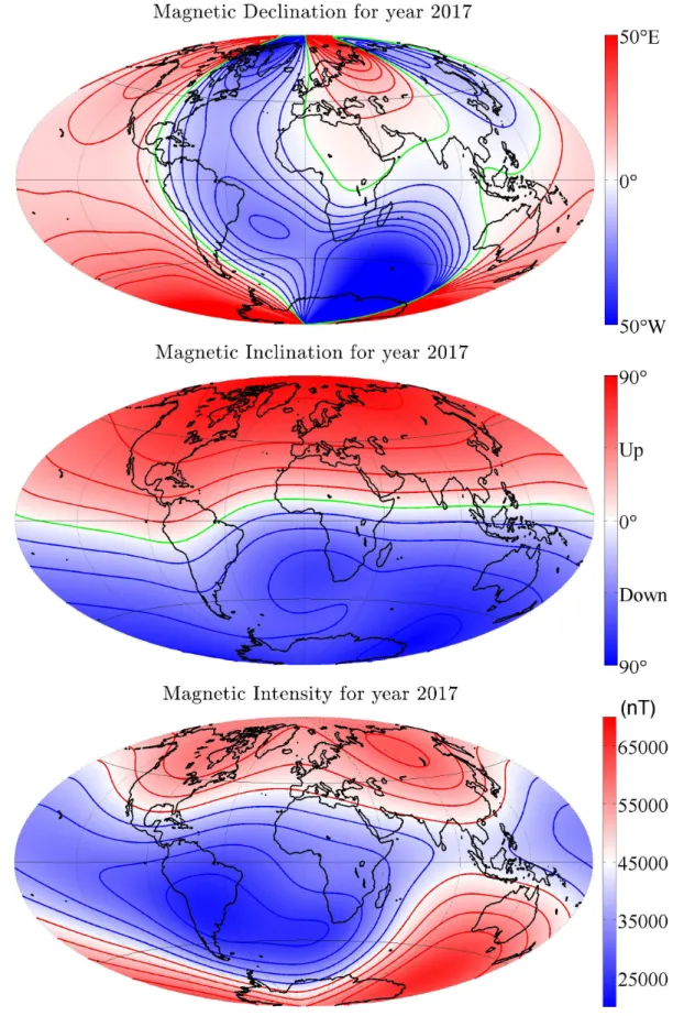 Figure 1.12: Maps of magnetic field of year 2017 of the IGRF-12 model ( Thébault et al