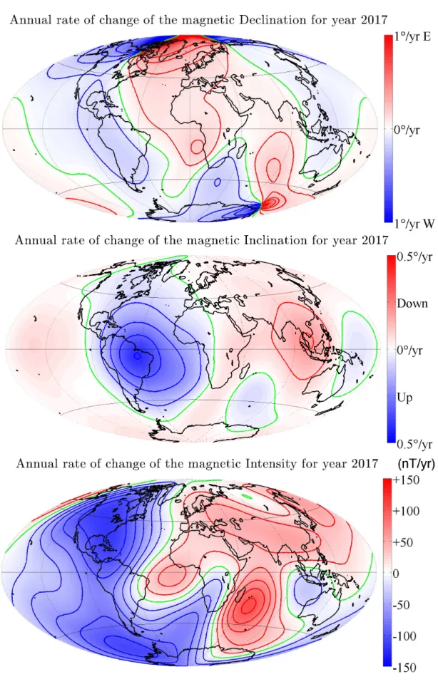 Figure 1.13: Maps of the annual rate of change of magnetic field of year 2017 of the IGRF-12 model ( Thébault et al
