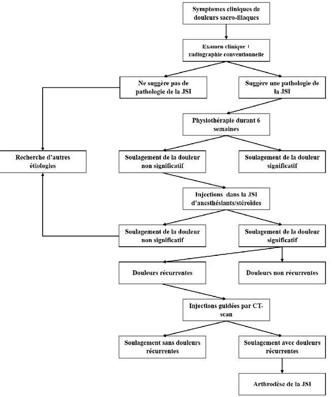 Figure 14 : Algorithme de diagnostic et traitement des douleurs de la JSI. Adapté de (Zelle et al.,  2005) 