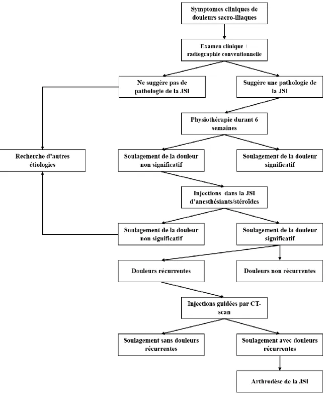 Figure 14 : Algorithme de diagnostic et traitement des douleurs de la JSI. Adapté de (Zelle et al.,  2005) 