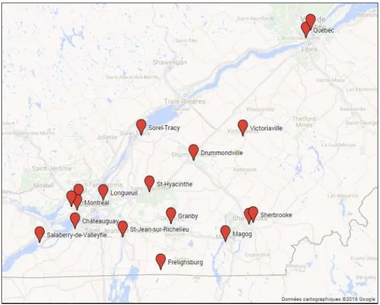 Figure 3.3 : Les 14 municipalités où ont eu lieu les 18 forums de discussion 