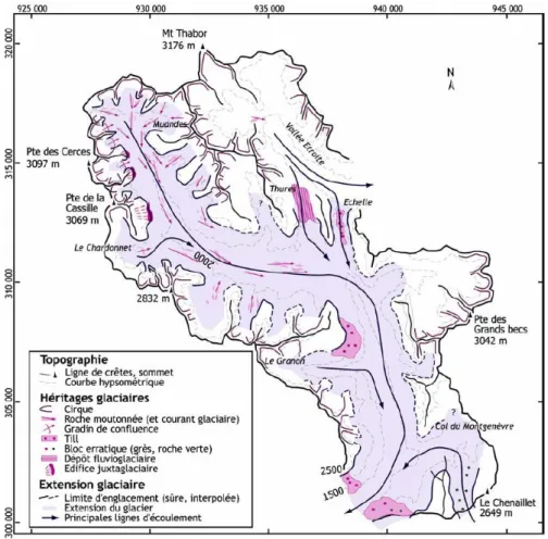 Figure  3-3. Extension glaciaire dans la vallée de la Clarée lors du Dernier Maximum Glaciaire  (D’après Cossart, 2005) 