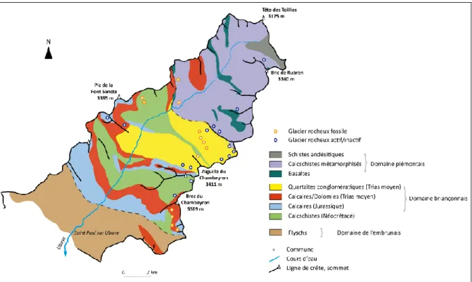 Figure  2-18.  Carte  géologique  simplifiée  de  la  haute  Ubaye  et  localisation  des  glaciers  rocheux 