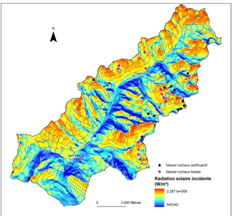 Figure  2-23. Carte de la radiation solaire incidente et distribution des glaciers rocheux dans la  dans la haute vallée de l’Ubaye  