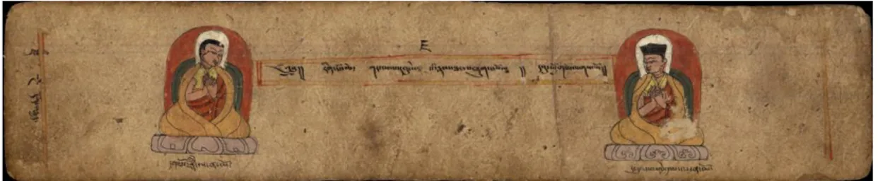Figure 6 First folio of the Dbu se rnam thar; the inscription below the miniature at left reads:                Dag po rin po che la na ma;               and below right: Dus gsum mkhyen pa la na mo