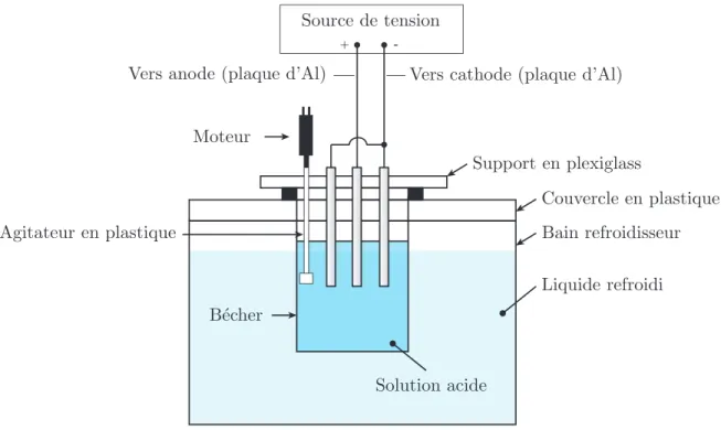 Figure 2.4 Repr´esentation sch´ematique du second montage exp´erimental utilis´e pour la fa- fa-brication de membranes nanoporeuses d’alumine.