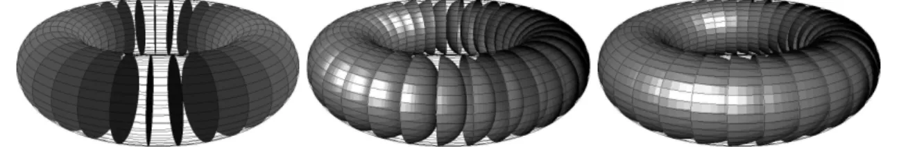 Figure 4.5: A Reeb transition: the trivial partition of a solid torus into disks is deformed into a Reeb component.