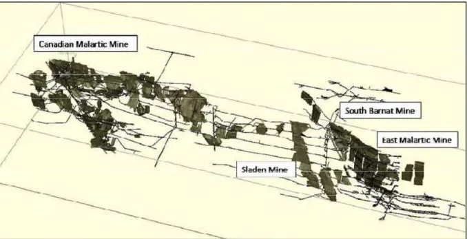 Figure 5-3: Développements souterrains issus d’exploitations minières antérieures    d’après Belzile et Gignac, Belzile Solutions Inc., (2010) 
