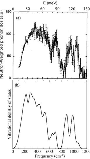 Fig. 2.6 – Comparaison de la densité d’états vibrationnels de la clinoenstatite ((b)) avec la densité d’états déduite du spectre IINS à 15K de Choudhury et al