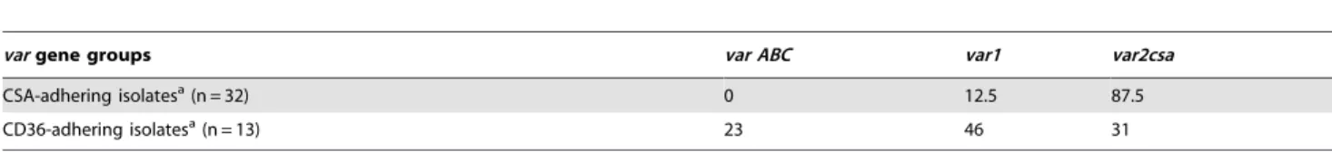Table 3. Predominant var genes transcripts in PAM isolates adhering to CSA and CD36, P,0.0001*.
